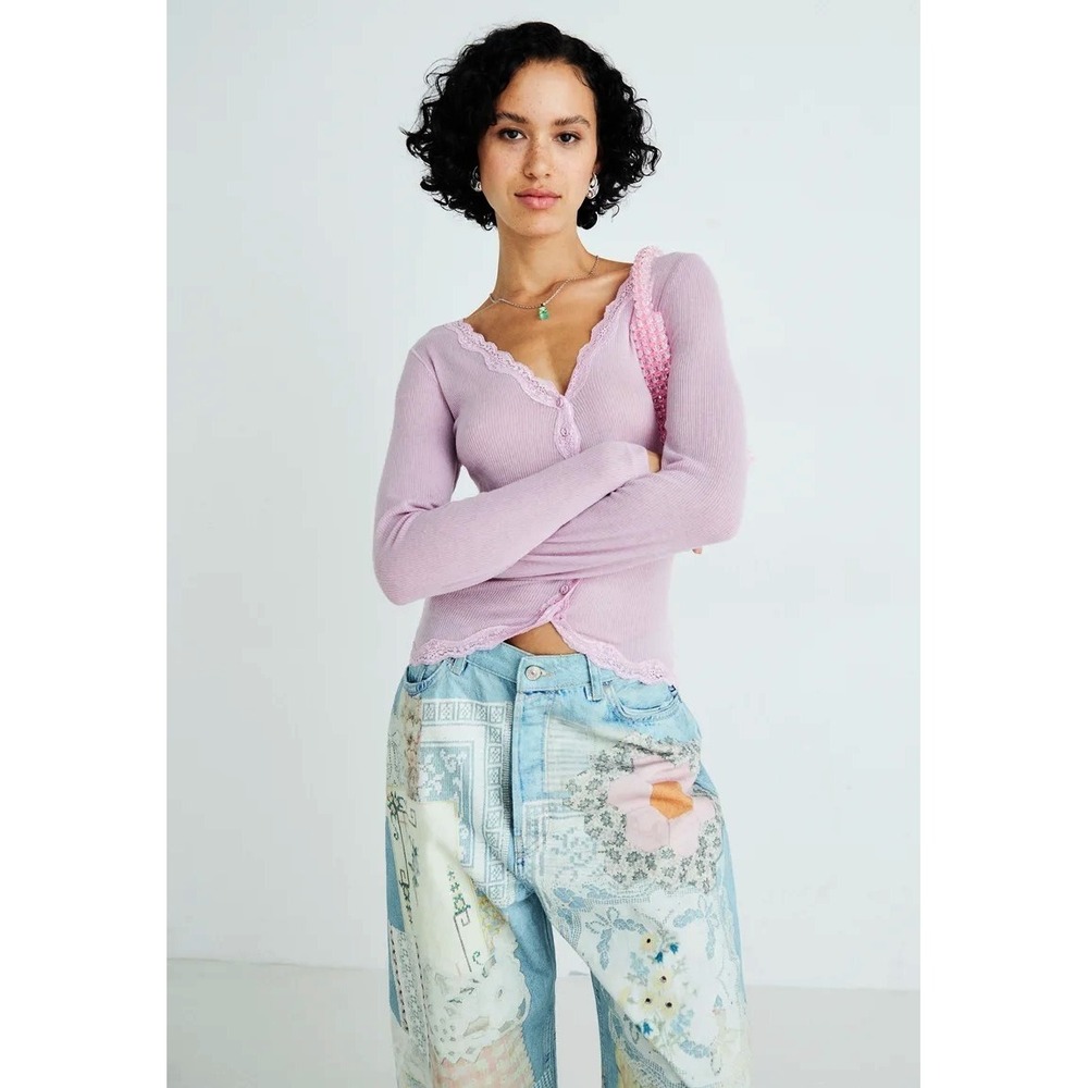 Intimately Free People Lavender Lace Trim Ribbed Cardigan Top Purple Medium